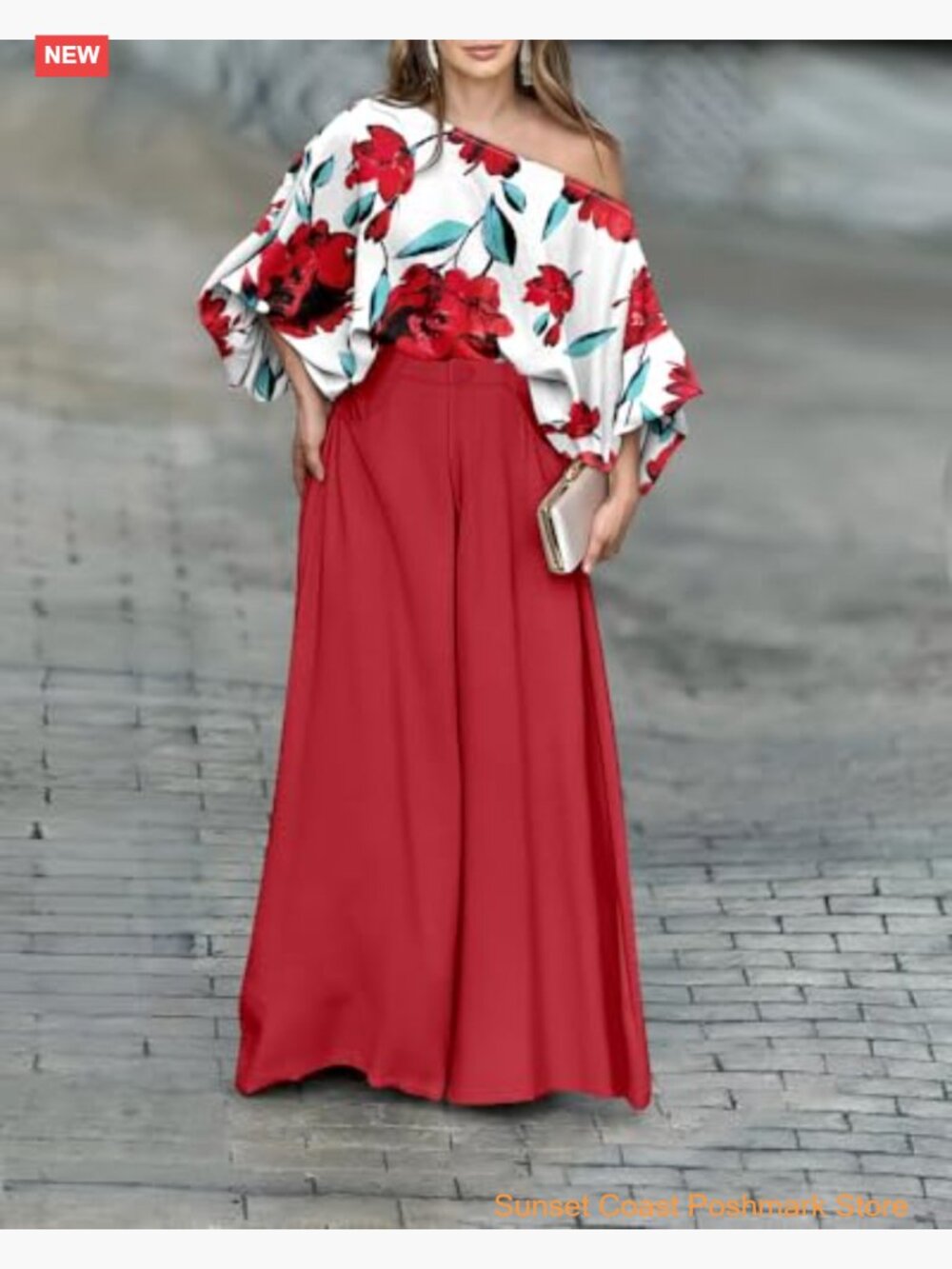 Off Shoulder Top Flowy Wide Leg Pants Set Vacation Travel Airport Outfits - Picture 5 of 7